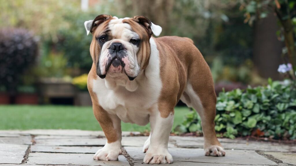 Bulldog Inglês em uma postura ativa, exibindo as vantagens de sua constituição física, como as patas curtas e fortes, e a estrutura óssea robusta.